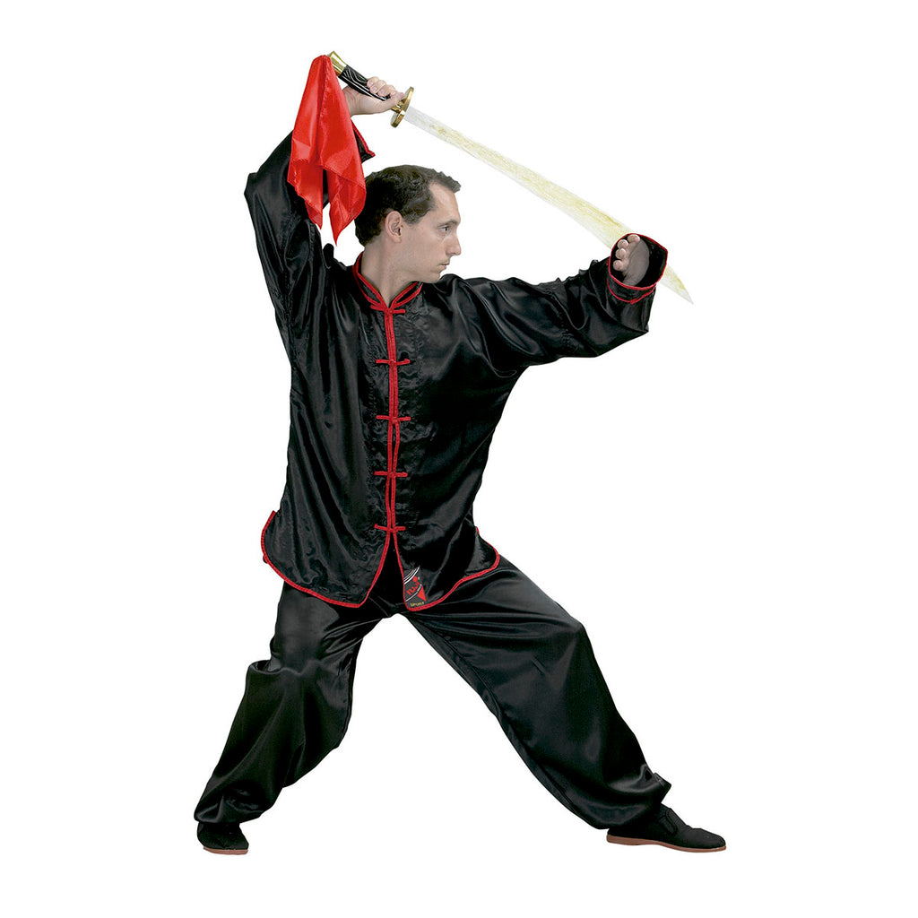 10632 Kung Fu Black Satin Kimono With Red Border